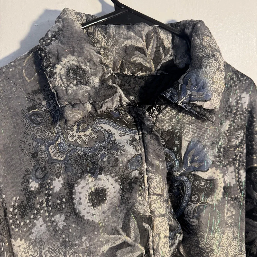 Vtg Y2K UbU Reversible Paisley Zip Jacket Metallic Floral Abstract Retro Silvr L